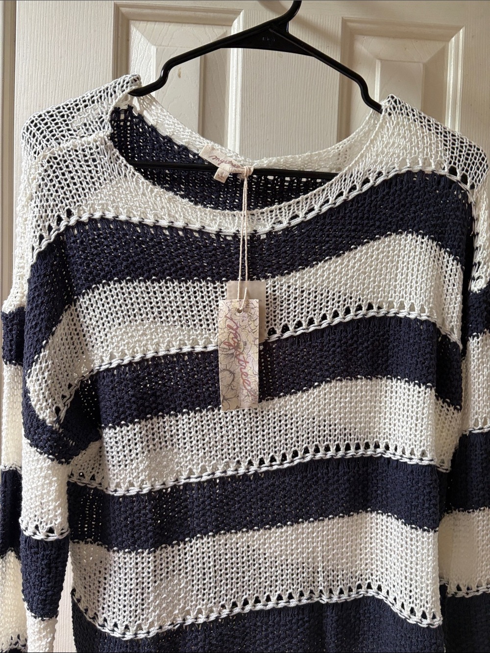 Mystree Navy & White Open-Knit Striped Crew Sweater